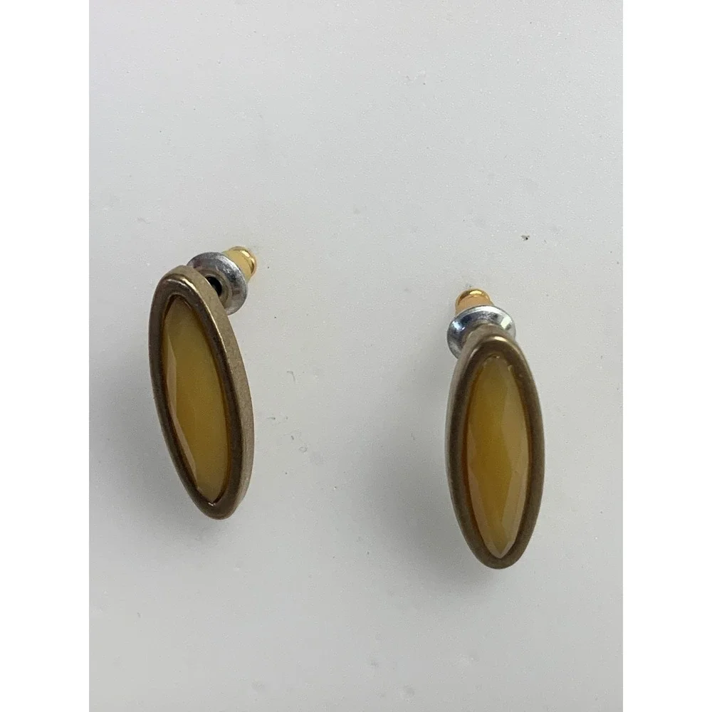 Vintage Gold Tone Marquise Stud Earrings Mustard Yellow Cabochon Minimalist Boho